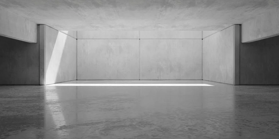 Abstract empty, modern concrete room with plate walls, recess in the back a.. Ilustración de archivo