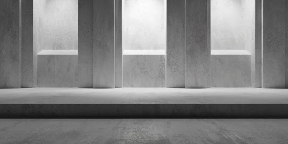 Abstract empty, modern concrete room with light shafts in the back and two .. Ilustración de archivo