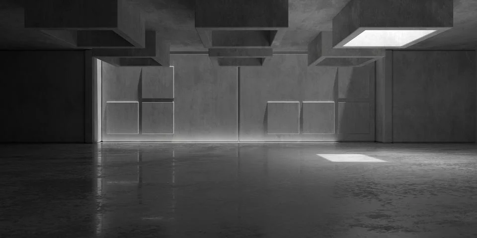 Abstract empty, modern concrete room with light shaft openings, back wall p.. Ilustración de archivo