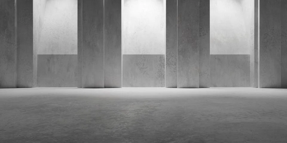 Abstract empty, modern concrete room with stepped light shafts in the back,.. Ilustración de archivo