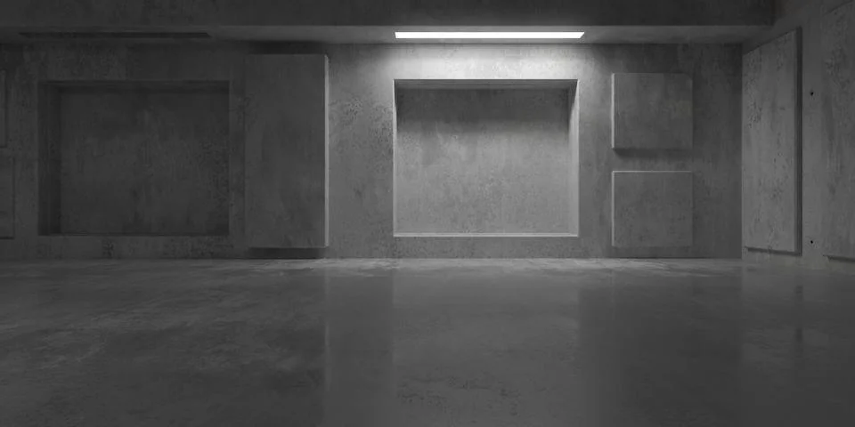 Abstract empty, modern concrete room with recess light tube in the back, pa.. Ilustración de archivo
