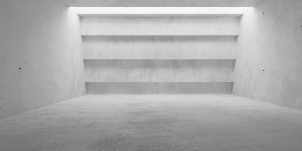 Abstract empty, modern concrete room with stepped recess or niche back wall.. Ilustración de archivo