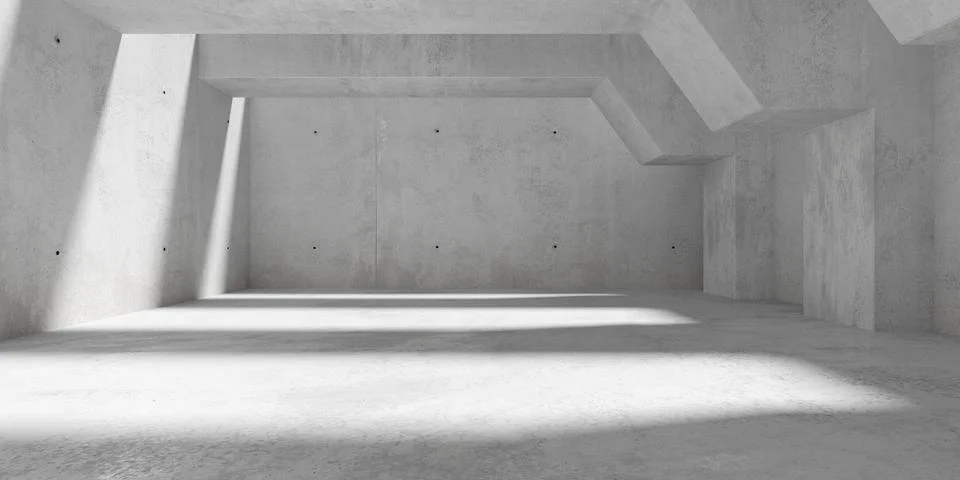 Abstract empty, modern concrete room with ceiling beams and pillars, sunlig.. Stock Illustration