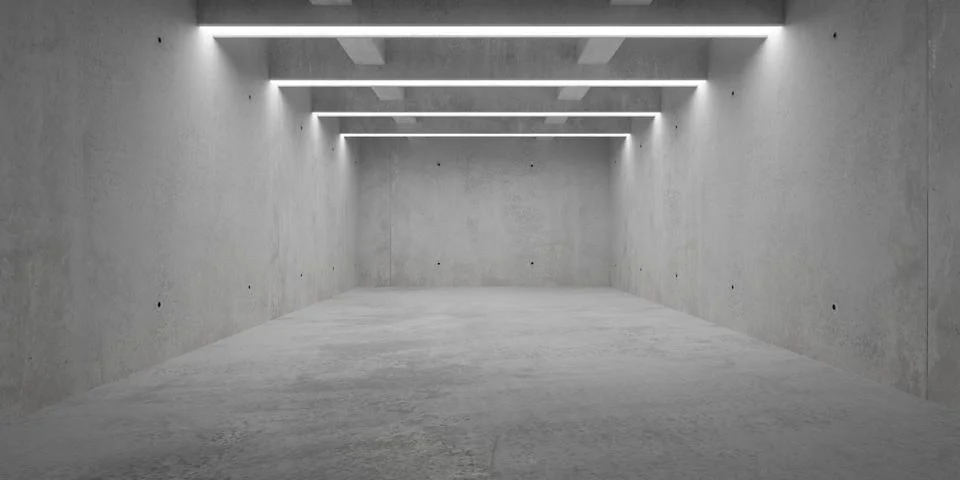 Abstract empty, modern concrete room with horizontal ceiling light strings,.. 스톡 일러스트
