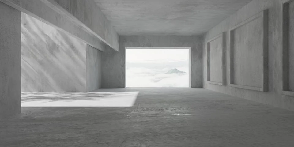 Abstract empty, modern concrete room with courtyard, tree shadow, cloudy mo.. Illustrazione stock