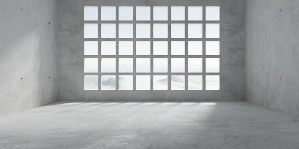 Abstract empty, modern concrete room with grid window openings in the back,.. Ilustración de archivo