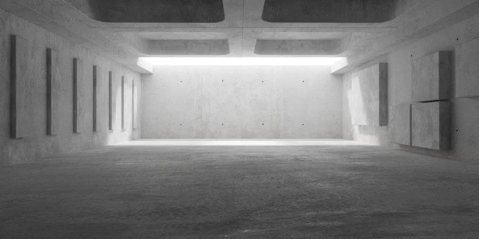 Abstract empty, modern concrete room with light shining in at the back, pla.. Ilustración de archivo