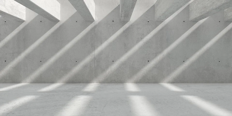 Abstract empty, modern concrete room with array of ceiling beams, hard sun .. Ilustración de archivo