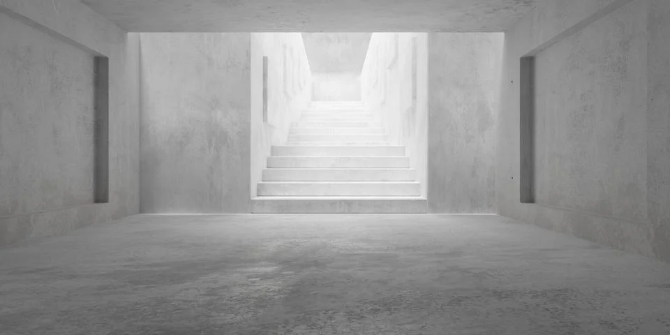 Abstract empty, modern concrete room with stairs in the back, light from to.. Ilustración de archivo