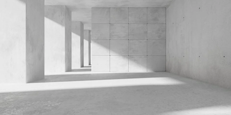 Abstract empty, modern concrete room with pillars, sunlight and divider wal.. Ilustración de archivo