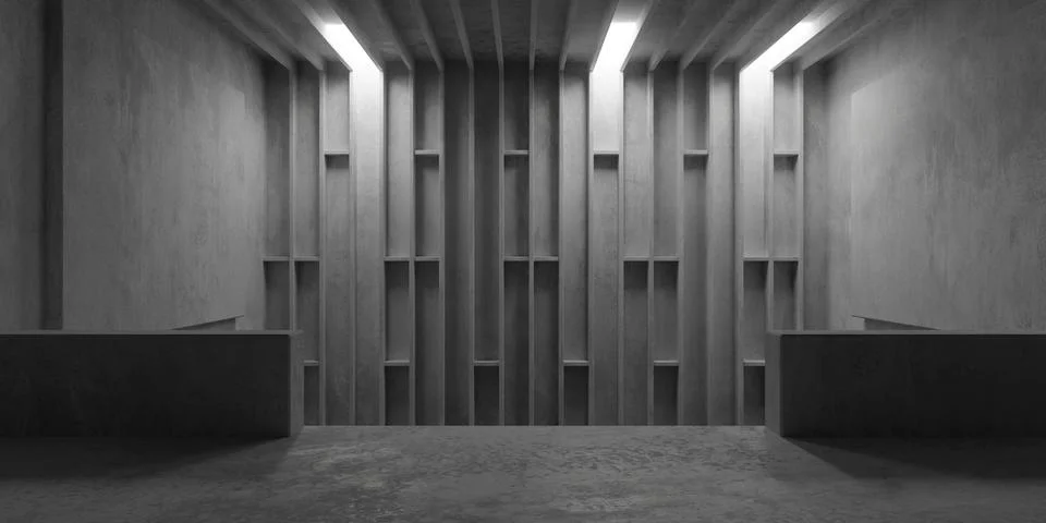 Abstract empty, modern concrete room with structured back wall, balcony and.. Ilustración de archivo