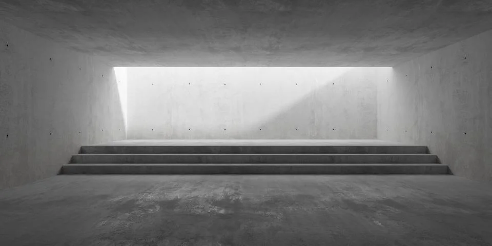 Abstract empty, modern concrete room with wide stairs in the back, indirect.. Ilustración de archivo