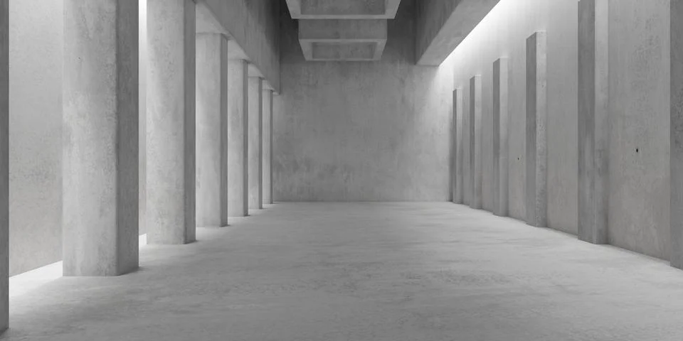 Abstract empty, modern concrete room with pillars, ceiling lights and rough.. Stock Illustration