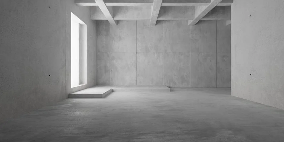Abstract empty, modern concrete room with door opening in the left wall, ce.. Ilustración de archivo