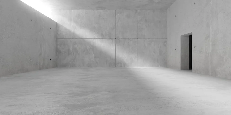 Abstract empty, modern concrete room with back wall panels, sunlight from w.. Ilustración de archivo