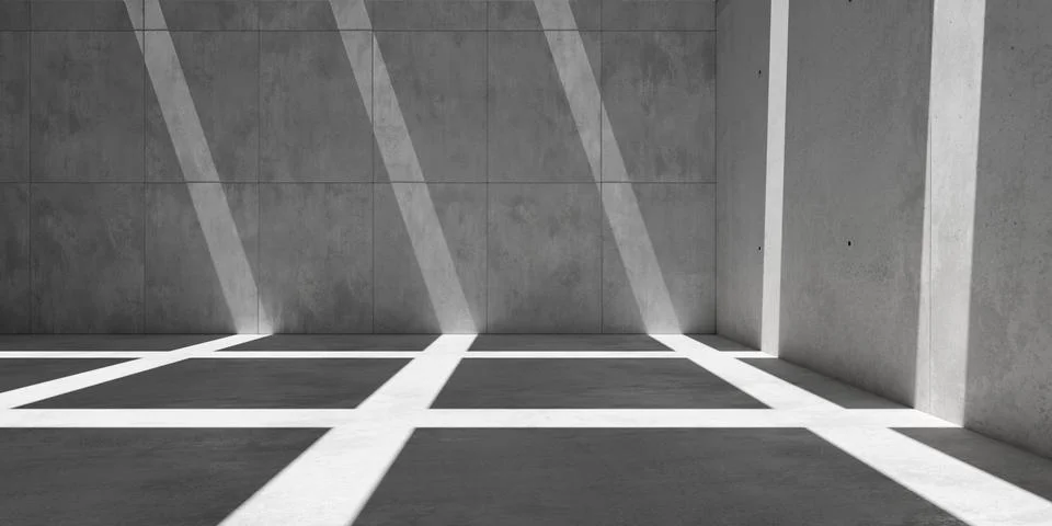 Abstract empty, modern concrete room with back wall panels, sunlight grid f.. Ilustración de archivo