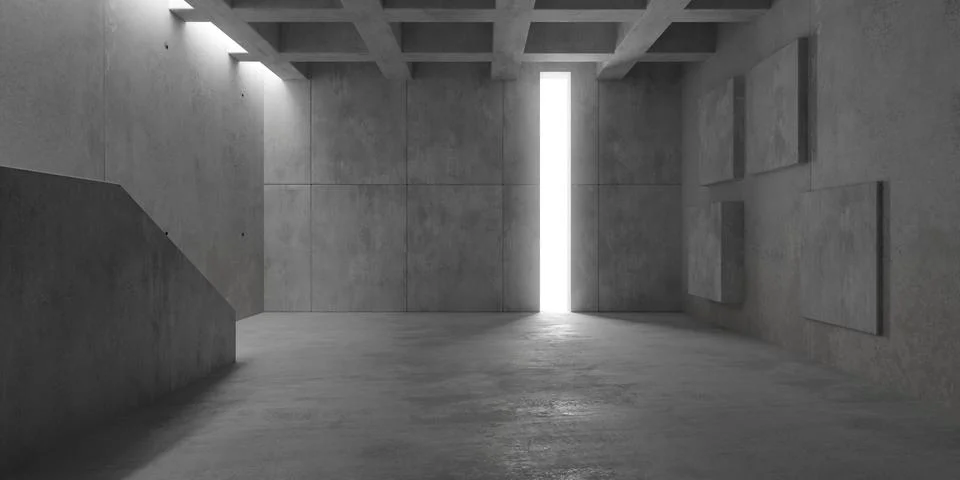 Abstract empty, modern concrete room with thin opening in the back, beams, .. Ilustración de archivo