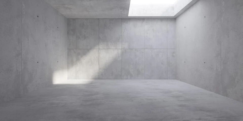 Abstract empty, modern concrete room with panel wall, ceiling light shaft, .. Ilustración de archivo