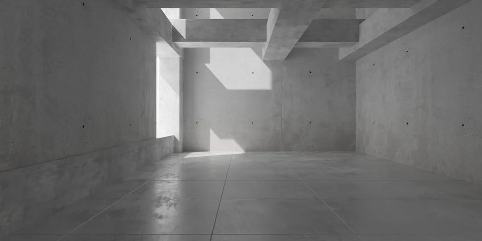 Abstract empty, modern concrete room with ceiling beams, door opening and r.. Ilustración de archivo