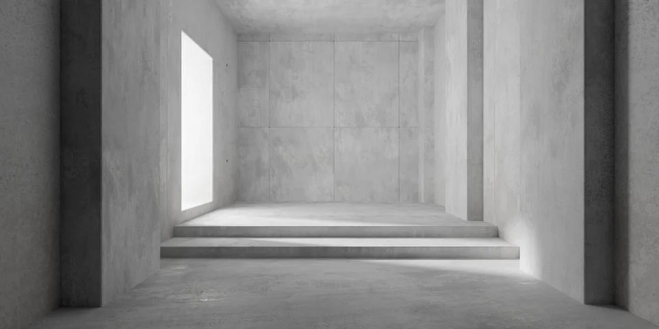 Abstract empty, modern concrete room with door opening, stairs and rough fl.. Ilustración de archivo