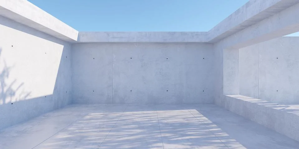 Abstract empty, modern concrete room with open sky, courtyard and tree shad.. Ilustración de archivo