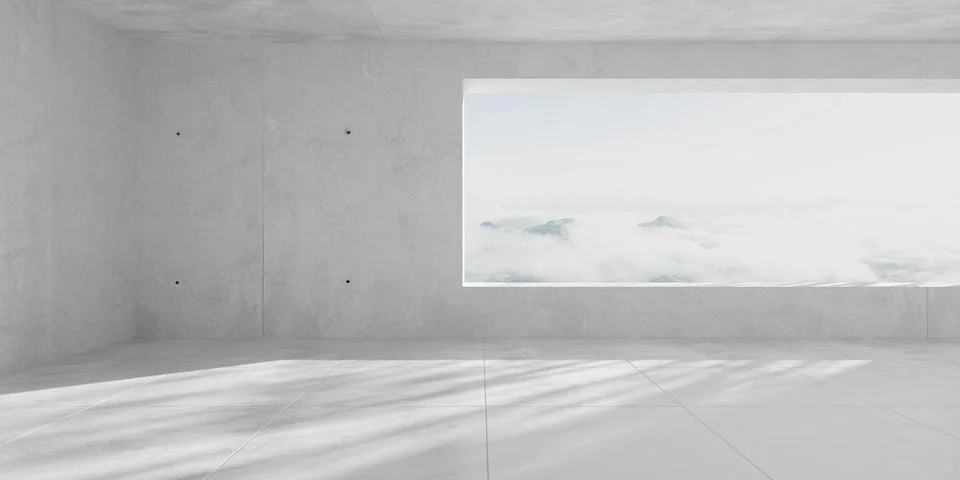 Abstract empty, modern concrete room with window opening in the back wall w.. Ilustración de archivo