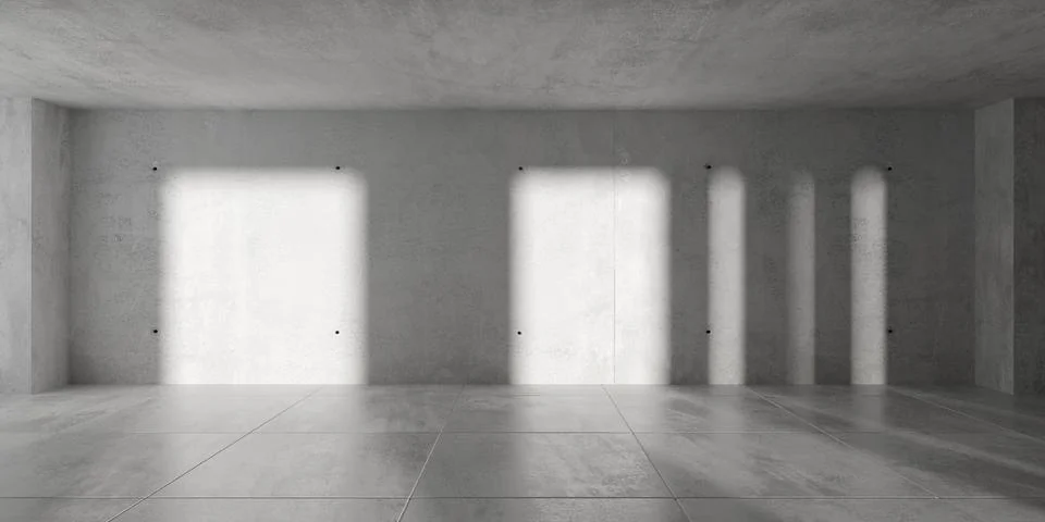 Abstract empty, modern concrete room with light shining in thru multiple wi.. Ilustración de archivo