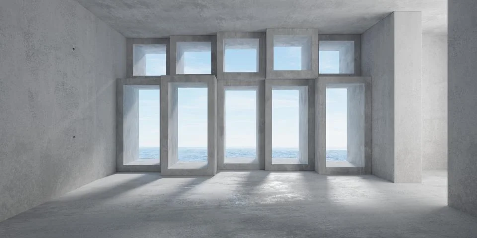 Abstract empty, modern concrete room with randomly shifted grid backwall op.. Stock Illustration