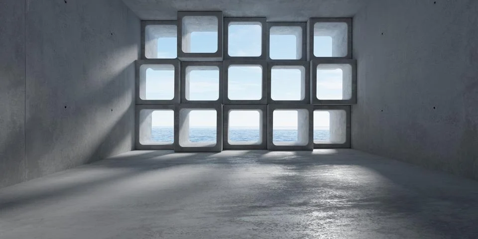 Abstract empty, modern concrete room with randomly shifted square grid back.. Ilustración de archivo