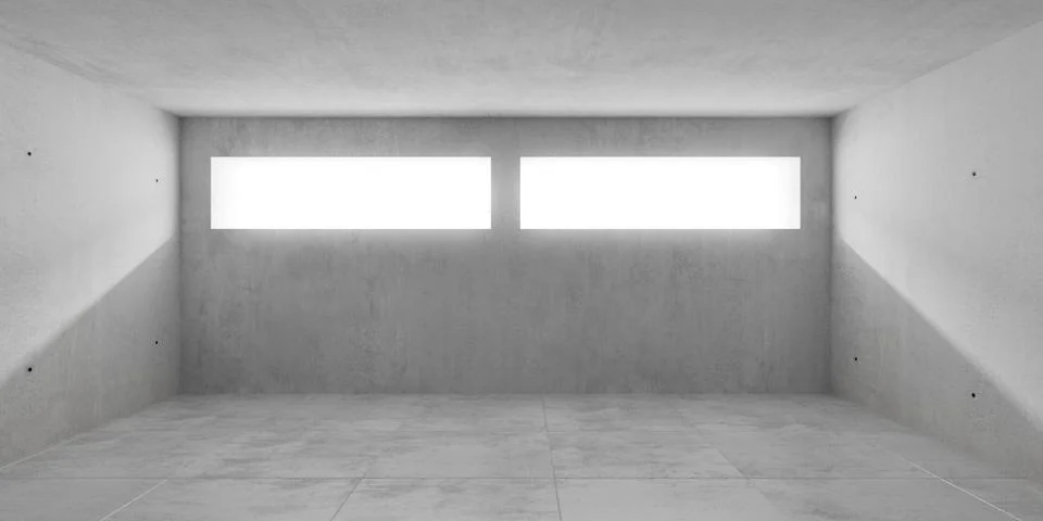 Abstract empty, modern concrete room with two slim windows in the back and .. Ilustración de archivo