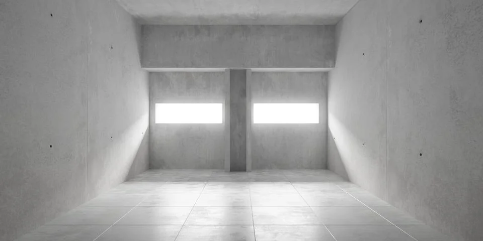 Abstract empty, modern concrete room with windows in the back, pillar and t.. Ilustración de archivo