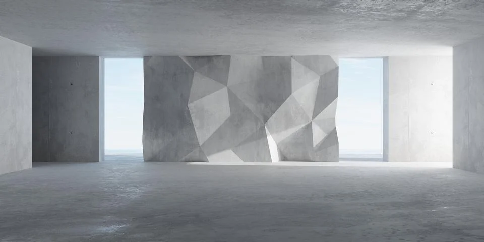 Abstract empty, modern concrete room interior with polygonal back wall and .. Ilustración de archivo