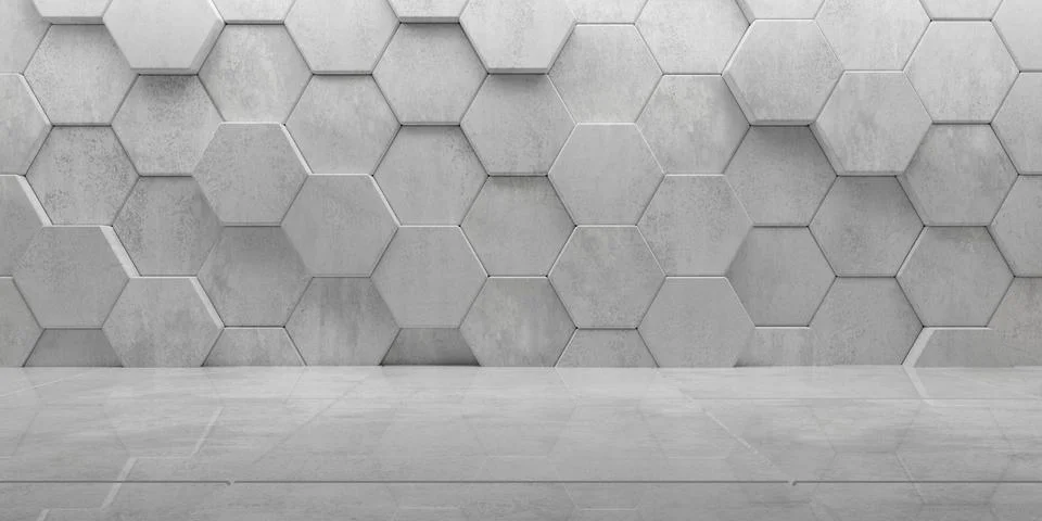 Abstract empty, modern concrete room interior with hexagon honeycomb back w.. Ilustración de archivo