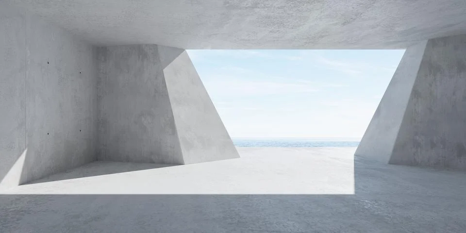 Abstract empty, modern concrete room interior with irregular walls, rough f.. Ilustración de archivo