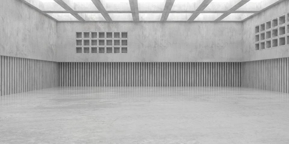 Abstract empty, modern concrete room with light grid ceiling, wall ornament.. Stock Illustration