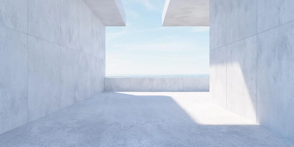 Abstract empty, modern concrete room with balcony with ocean view, open roo.. Stock Illustration