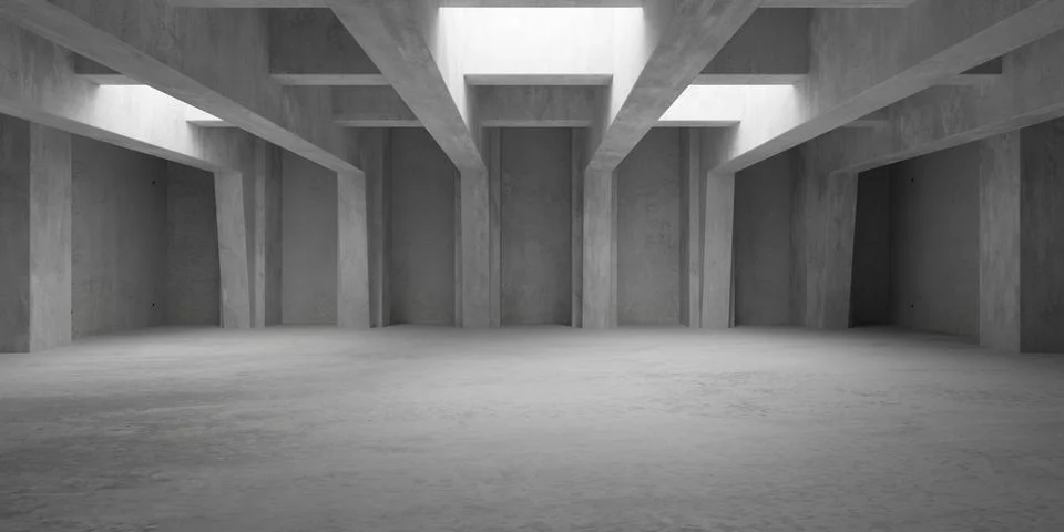 Abstract empty, modern concrete room with ceiling light shafts, thin beams .. Stock Illustration