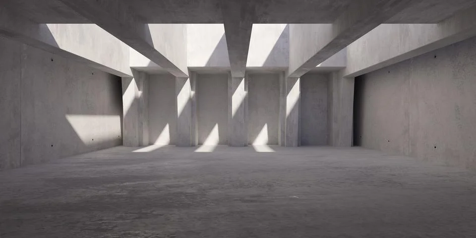 Abstract empty, modern concrete room with ceiling opening, sunlight and rou.. Ilustración de archivo