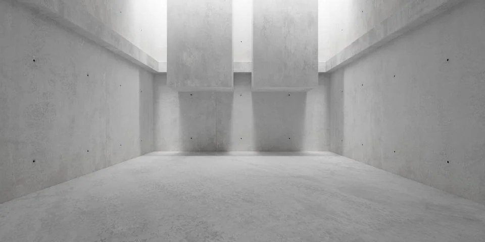 Abstract empty, modern concrete room or hallway with ceiling opening and tw.. Ilustración de archivo