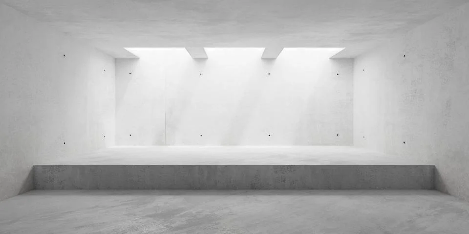 Abstract empty, modern concrete room with row of square openings, podium an.. Stock Illustration