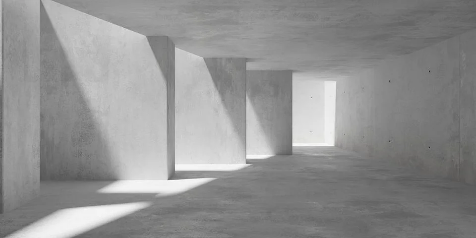 Abstract empty, modern concrete room with diagonal offset row of pillars, s.. Ilustración de archivo