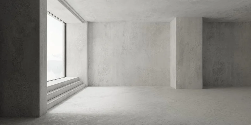 Abstract empty, modern concrete room interior with large window, soft sunli.. Stock Illustration