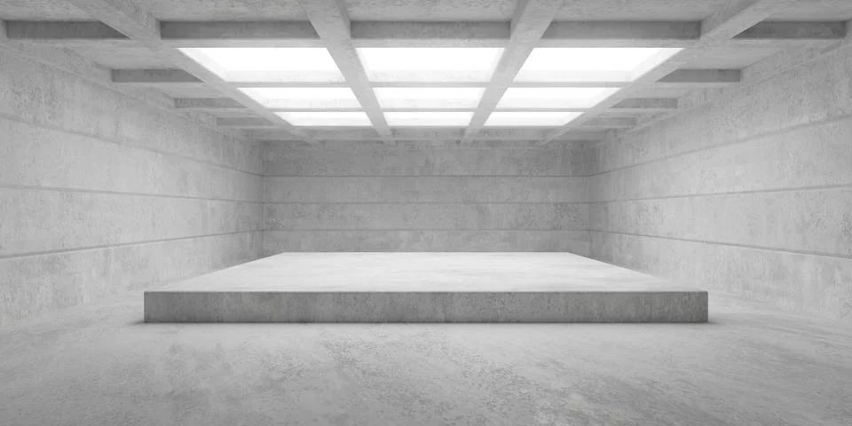 Abstract empty, modern concrete room with ceiling grid, inset lights, podiu.. 스톡 일러스트