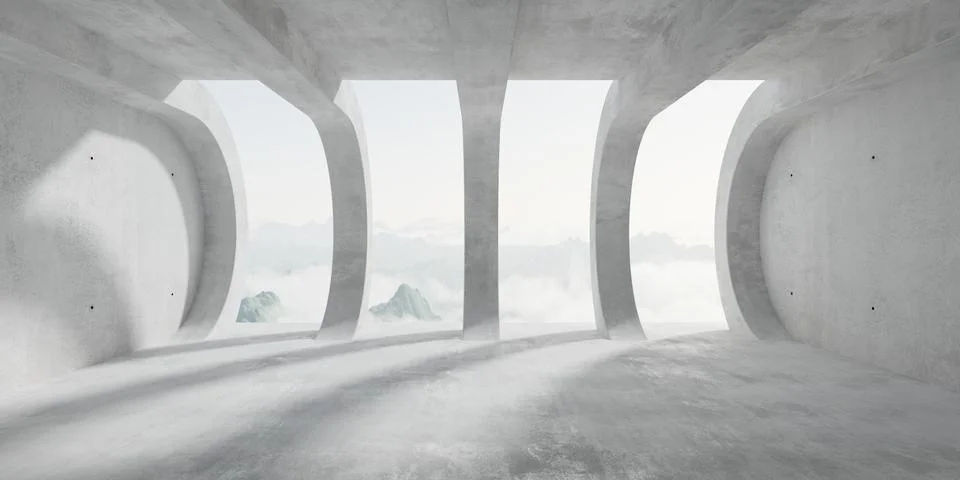 Abstract empty, modern concrete room with round bend pillars, open back wal.. Stock Illustration