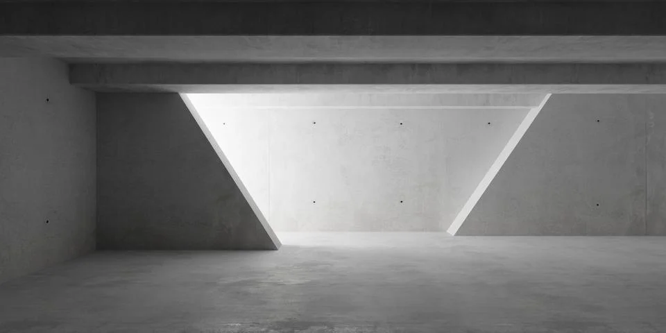 Abstract empty, modern concrete room with two sloped walls in the back, cei.. Ilustración de archivo