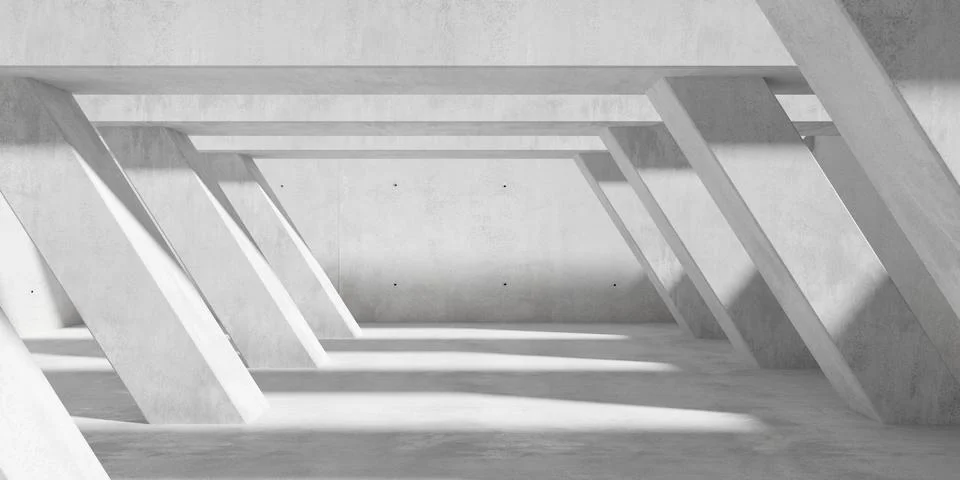 Abstract empty, modern concrete room with series of diagonal pillars, ceili.. Ilustración de archivo