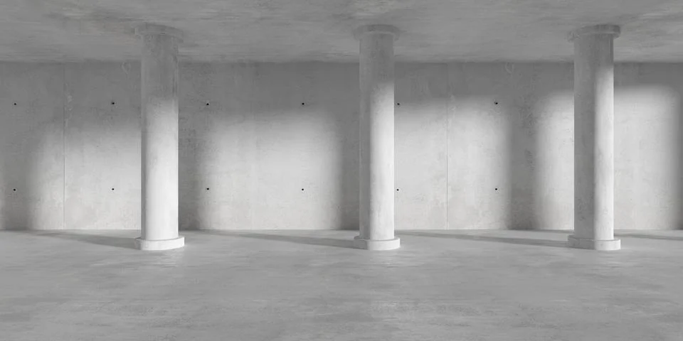 Abstract empty, modern concrete room with row of round pillars, sunlight an.. Ilustración de archivo