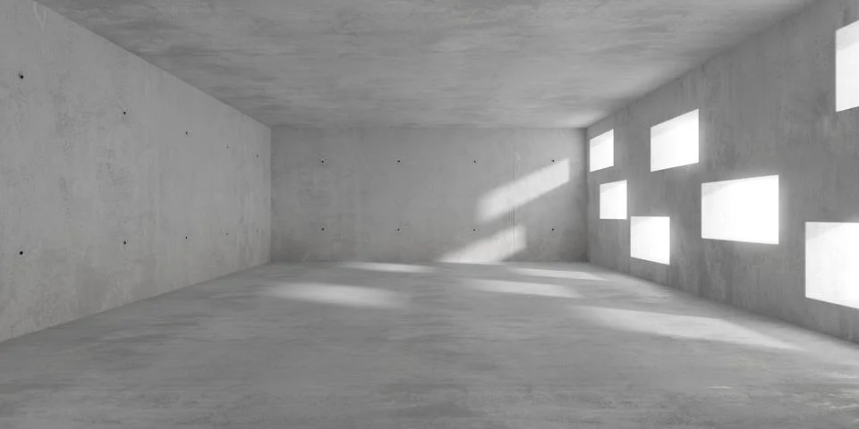 Abstract empty, modern concrete room with numerous small openings in the wa.. Ilustración de archivo