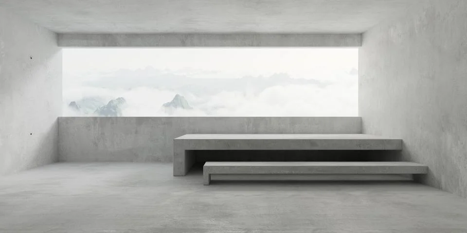 Abstract empty, modern concrete room interior with large window with cloudy.. Stock Illustration