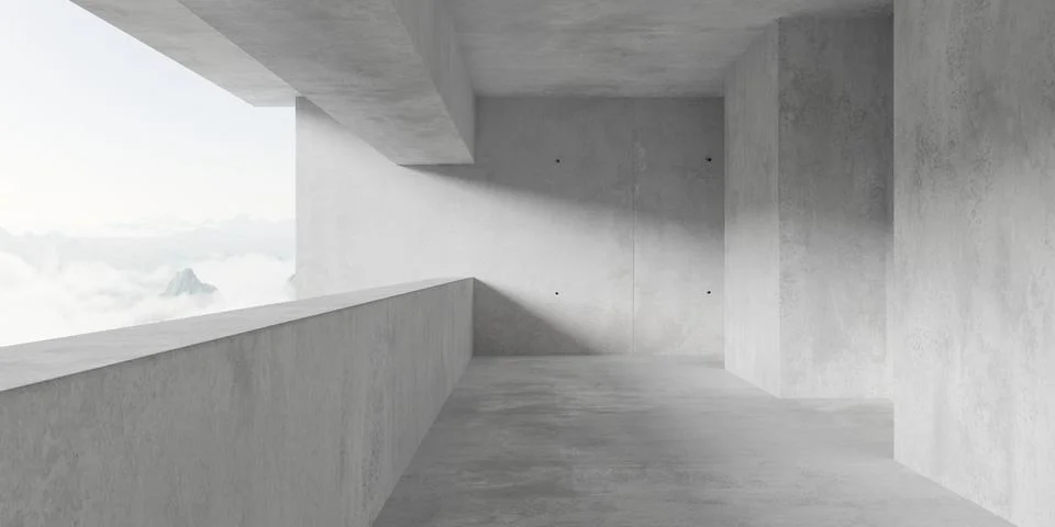 Abstract empty, modern concrete room interior with pillars and large balcon.. Stock Illustration